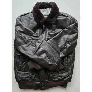 Vintage brown genuine leather bomber jacket with faux sherpa collar and lining